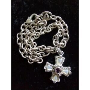 JUDITH RIPKA Sterling 925 Amethyst & CZ Maltese Cross Pendant & Chain Necklace
